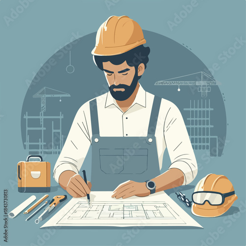 premium vector illustration of Engineer inspecting blueprint
