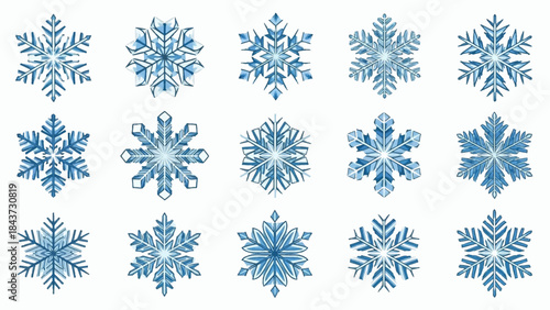 Whimsical blue snowflake illustrations showcasing unique winter ice crystal patterns
