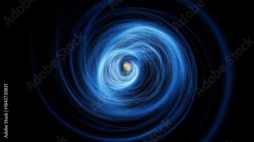 Modern office interior transformation into swirling blue galaxy portal motion graphic transition opening to reveal abstract cosmic vortex and mystical light particle effect