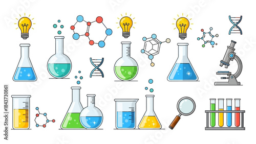 Scientific research and discovery: A collection of laboratory equipment and concept icons
