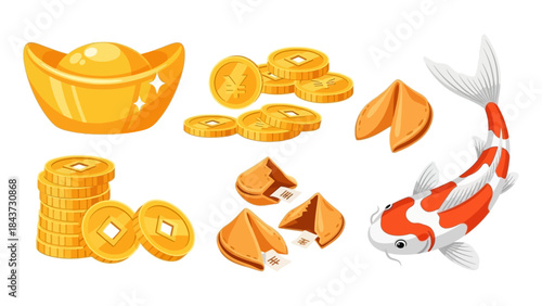 Bright Illustration Featuring Auspicious Asian Symbols of Wealth and Good Luck