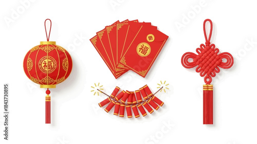 Festive Asian New Year Celebration Elements: Lantern, Red Envelopes, Firecrackers, and Knot Decoration