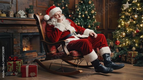 Tired santa claus taking a peaceful nap in his comfortable rocking chair next to a crackling fireplace and beautifully decorated christmas tree in a cozy living room at home on christmas eve