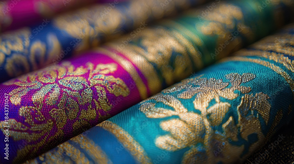 Fototapeta premium Decorative fabric rolls with intricate floral patterns in vibrant colors, perfect for textile design and fashion projects