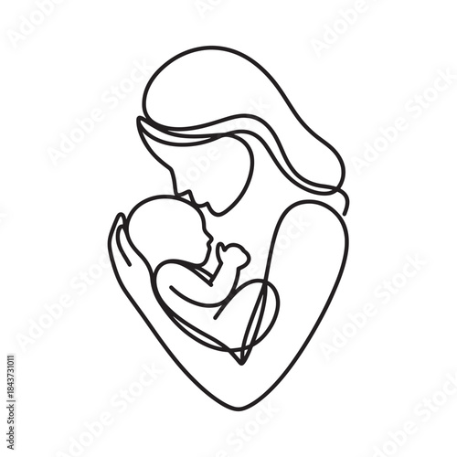 A minimalist line drawing depicting a mother tenderly cradling her baby