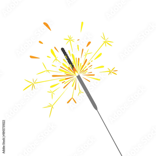 Festive sparkler igniting with bright yellow and orange sparks, isolated illustration
