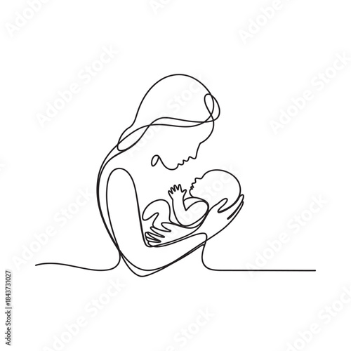 A continuous line drawing depicts a mother tenderly cradling her baby