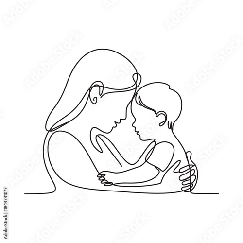 A tender moment a mother lovingly cradling her child in a single line drawing
