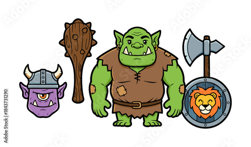 Fantasy character set with orc, cyclops, and weapons