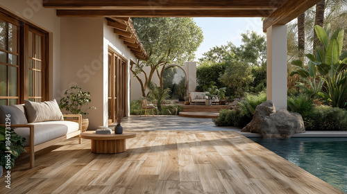 Villa Patio: The villa patio combines natural elements such as wood and stone with the modern feel. Comfortable furniture and inviting outdoor space for relaxation and enjoyment.