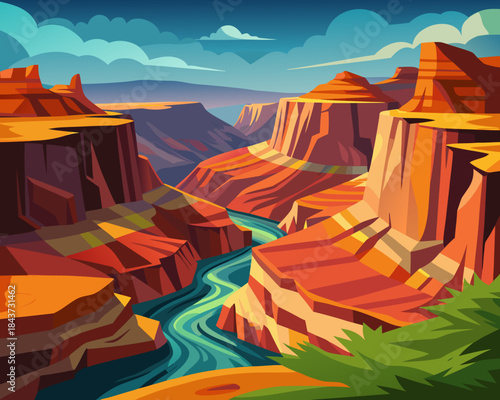 Canyon landscape with river illustration Vector