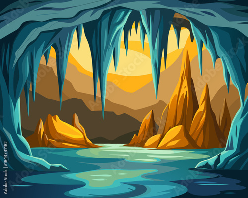 Cave view of fantasy landscape Vector