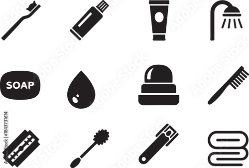 Black and White Vector Icons Set Featuring Essential Bathroom Hygiene, Grooming, and Personal Care Products, Including Soap, Toothbrush, Shower, and Toilet Brush.