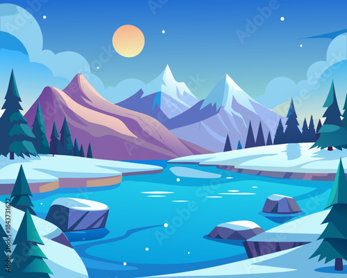 Winter landscape illustration with mountains and river Vector