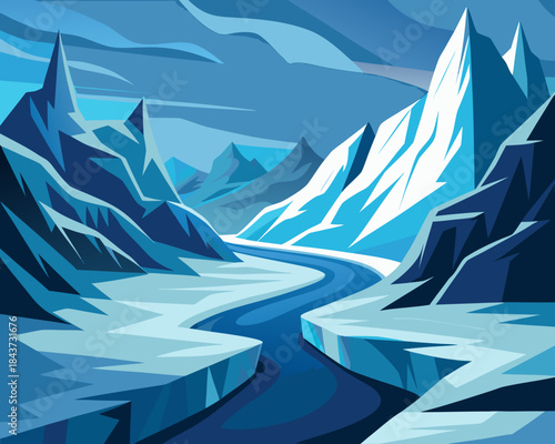 Winter landscape illustration with mountains and river Vector