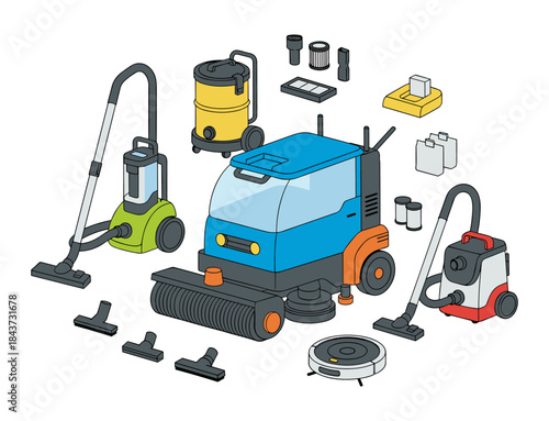 Professional cleaning equipment set with floor scrubber and vacuum cleaners