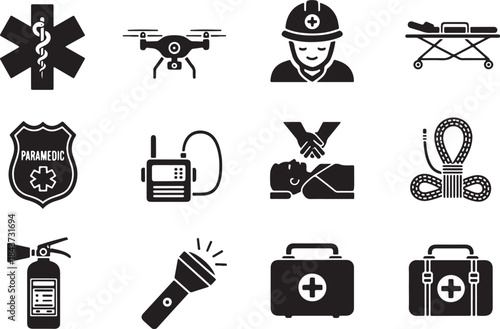 Black and White Silhouette Vector Icon Set of Sports Injury Treatment, First Aid, Medical Support, and Physical Rehabilitation