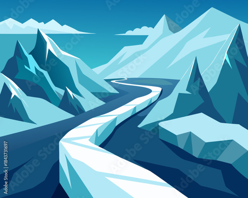 Winter mountain landscape with winding ice path Vector