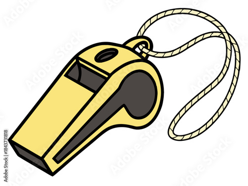 Essential bright yellow referee whistle with lanyard ready for signaling game start or important announcement