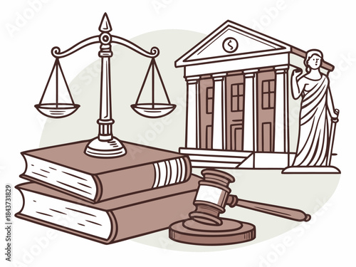 Stunning concept art showcasing balanced scales of justice, law books, and a judge's gavel representing legal authority and fairness