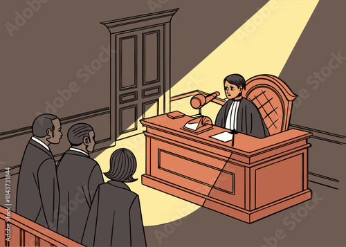 Judge intensely oversees legal proceedings while defendants stand before the bench under a dramatic spotlight
