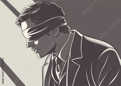 Stark black and white portrait of a businessman blindfolded symbolizing risk uncertainty or lack of vision in corporate life