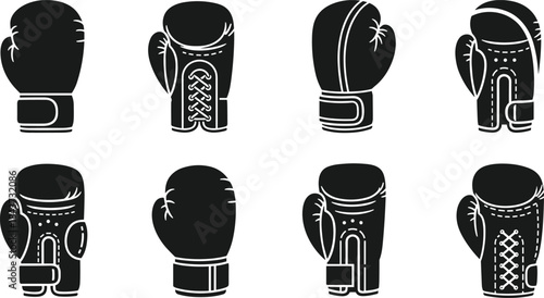 Set of Black and White Vector Icons Illustrating Various Styles of Boxing and Fighting Gloves, Ideal for Combat Sports and Fitness Design.