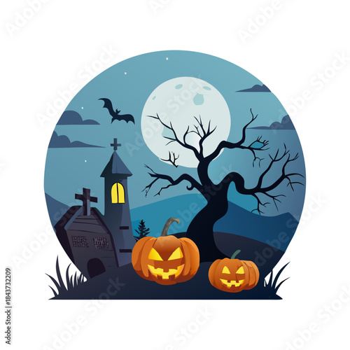 Gothic Grunge Scene - Jack 'O Lantern In Grave With Dry Tree , Haunted House And Full Moon - Contain Unrecognizable, Deformed And Defocused Church With Reassembled Part