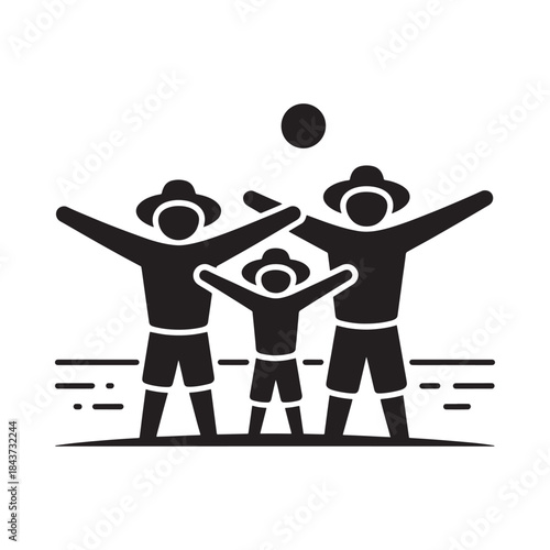 A group of people tossing a ball depicted in a simple black silhouette