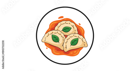 A delicious plate of three traditional pierogi dumplings served with a savory red sauce and fresh basil leaves garnish.