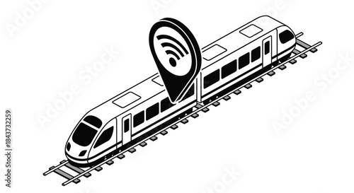 Black and white isometric icon of a high-speed train with a large Wi-Fi location pin, symbolizing on-board internet.