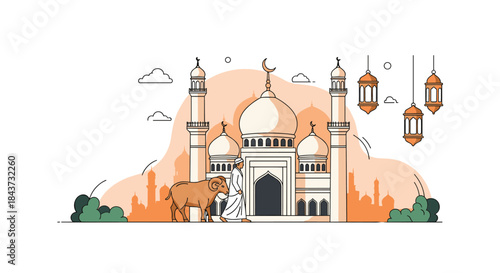 An illustration of a Muslim man with a sheep for the sacrifice tradition of Eid al-Adha in front of a beautiful mosque.