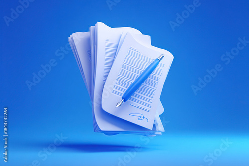 Floating 3D Business Documents And Pen With Minimal Blue Design