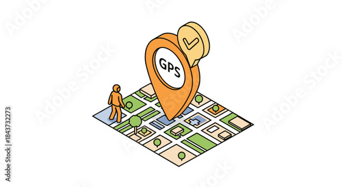 Isometric illustration of a person using a city map with a large GPS location pin to find a confirmed destination.
