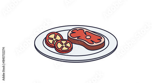 A simple and clean cartoon illustration of a cooked steak dinner served on a white plate with two slices of fresh tomato.