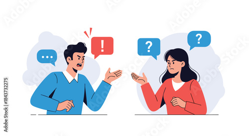 A vector illustration of a man and woman having a conflict or argument, with different symbols in their speech bubbles.