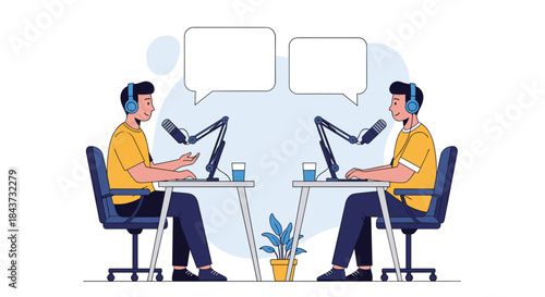 Two male hosts with headphones and microphones recording a podcast or radio show in a studio with blank speech bubbles.