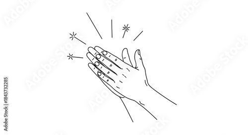 Simple black and white line art illustration of two hands clapping in applause with sparkle effects for celebration.