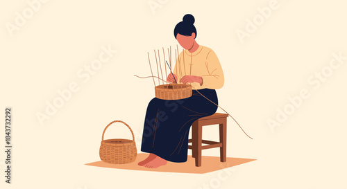 A talented woman sitting on a stool and skillfully handcrafting a traditional woven wicker basket as a hobby or craft.