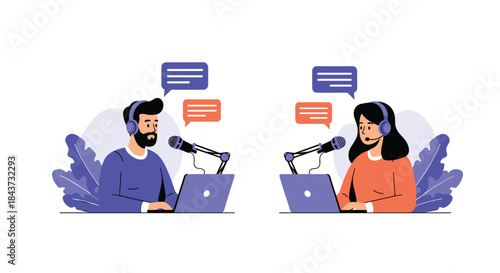A male and female host with headphones and microphones recording a podcast or having an online discussion with laptops.
