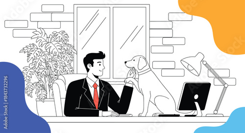 A man in a suit working at his desk with his pet dog sitting beside him, in a black and white office environment.