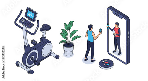 An isometric home gym setup with a man getting online coaching on a phone, an exercise bike, and a robot vacuum cleaner.