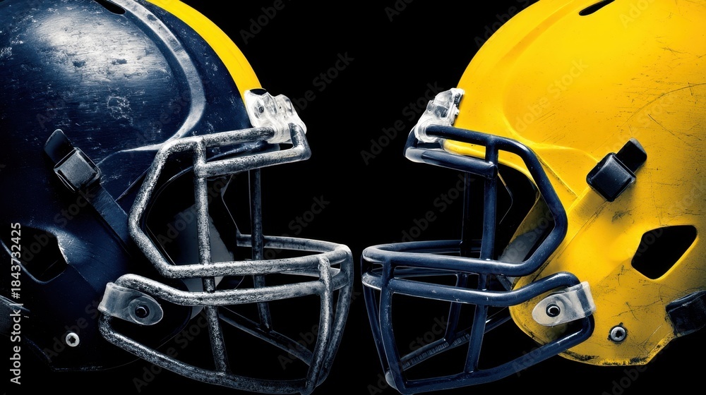 Fototapeta premium Sport Helmets in Dark Background, Intense Rivalry Between Teams, Football Gear, Competition in American Football Scene