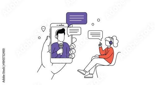 A woman having an online video interview with a male journalist who is shown on a smartphone screen holding a microphone.