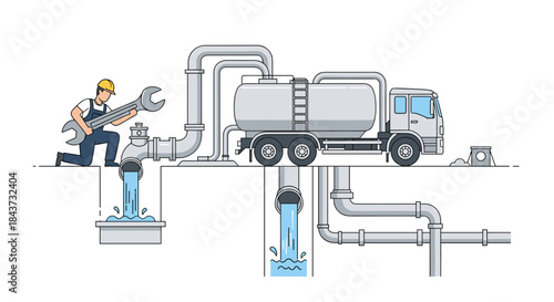 A plumber character with a giant wrench working on a large pipe next to a vacuum truck, showing a sewer system.