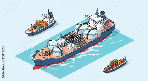 An isometric illustration of a large LNG tanker ship and two smaller container cargo ships sailing on the blue ocean.