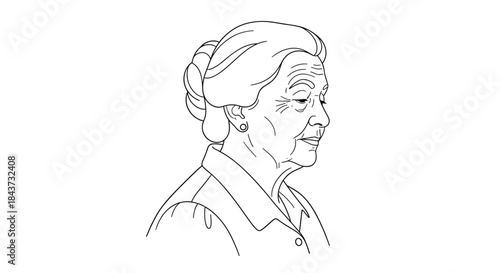 A simple and respectful black and white line drawing portrait of an elderly woman with wrinkled skin and styled hair.