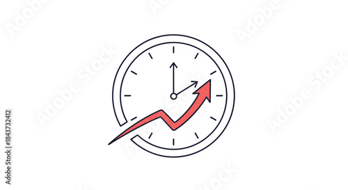 A line art icon of a clock with a red arrow graph breaking out of it, symbolizing growth over time or productivity.