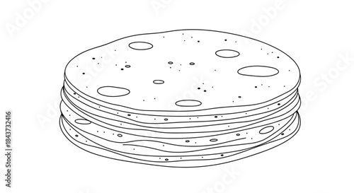 A simple black and white line drawing of a stack of freshly made, thin flatbreads like tortillas, chapatis, or rotis.