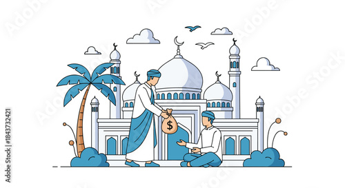 A Muslim man giving a money bag as Zakat or charity to another man sitting in front of a grand mosque illustration.